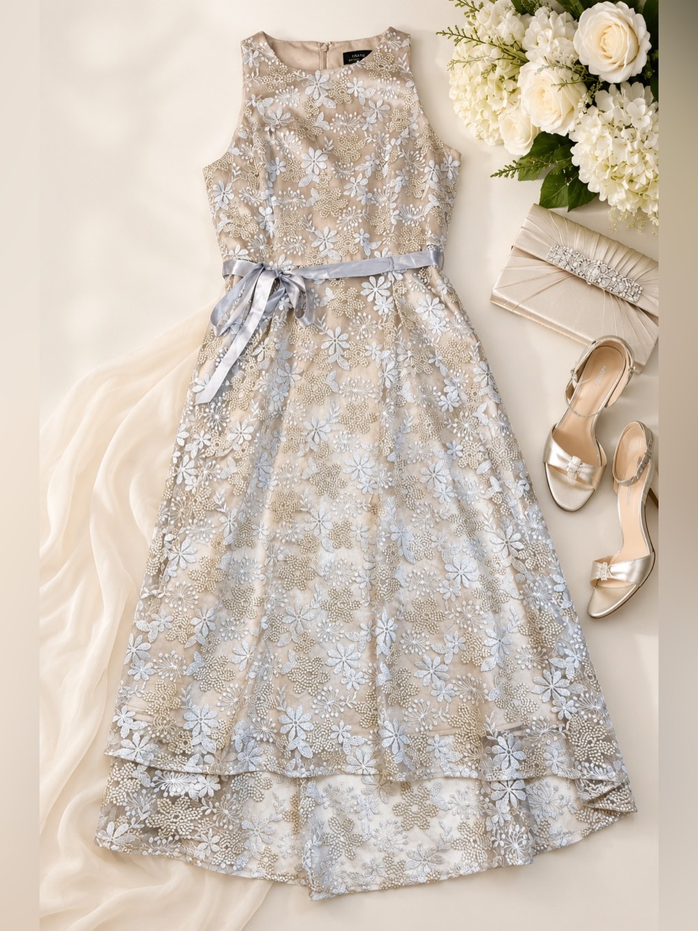 Tahari ASL Floral Embroidered Fit & Flare Midi Dress Size 4 Champagne Silver